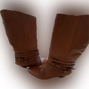 Frye Brown Leather Heeled Boots with Buckle Detail